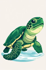 Fototapeta premium Illustration of a green sea turtle in shallow water, looking forward with a curious expression.