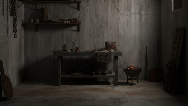 A dimly lit rustic blacksmith workshop with a wooden wall background, metal workbench, and burning forge.