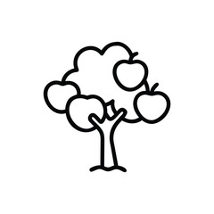 A stylized tree with round fruits hanging from its branches