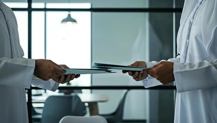 Two figures in white robes exchange papers in an interior setting, light and shadow play