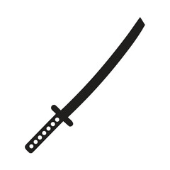 A simple black silhouette of a traditional japanese katana sword