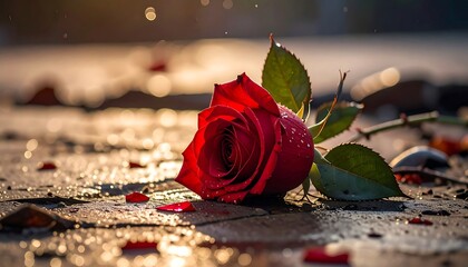 A vibrant red rose lies on a wet, textured surface, illuminated by soft, natural light, with blurred droplets and petals nearby