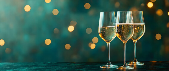 Three glasses of champagne on a dark green background with golden bokeh lights.