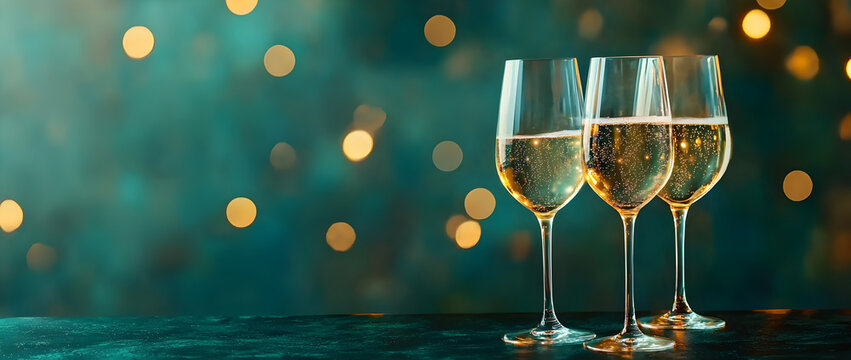 Three glasses of champagne on a dark green background with golden bokeh lights. - Powered by Adobe