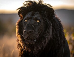 Majestic black lion portrait in golden sunlight