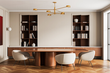 Modern minimalist interior design with wooden dining table, beige armchairs, and built-in bookshelves in a stylish apartment room setting. 3D Rendering © ImageFlow
