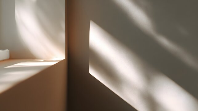 Soft sunlight casting abstract shadows on minimal beige wall interior