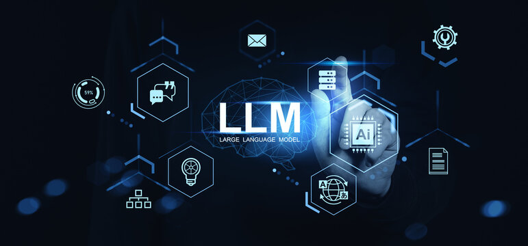 Futuristic interface with LLM large language model concept and AI technology icons on digital screen with human hand interaction in tech environment.