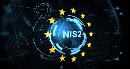 Futuristic concept of NIS2 cybersecurity directive with glowing hologram globe and EU stars on digital technology background interface elements. 3D Rendering