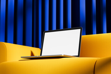 Laptop with blank screen on yellow couch in front of vertical blue curtain background for product mockup or branding concept presentation template. 3D Rendering