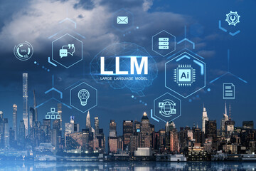 Large Language Model tech concept with AI digital interface over New York City skyline at night, futuristic innovation in USA urban landscape.