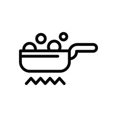 Black and white line drawing depicts a pan on a flame with bubbles rising