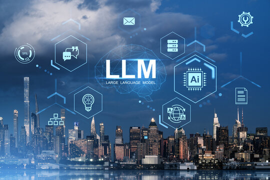 Large Language Model tech concept with AI digital interface over New York City skyline at night, futuristic innovation in USA urban landscape.