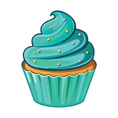 A vibrant teal cupcake with colorful sprinkles on a golden wrapper