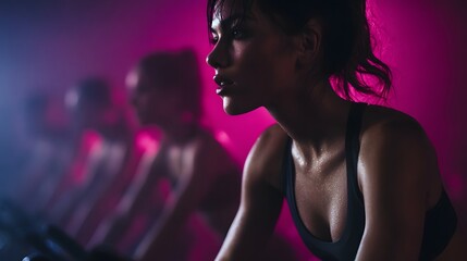 A focused woman in a high intensity spinning class bathed in vibrant neon light shows determination and exertion