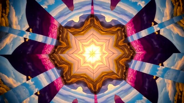 Kaleidoscopic sunset over mountains with vibrant colors and dynamic cloud patterns
