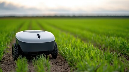 A modern agricultural robot navigates through lush green fields, showcasing automation in farming, This image is ideal for articles on technology in agriculture, smart farming