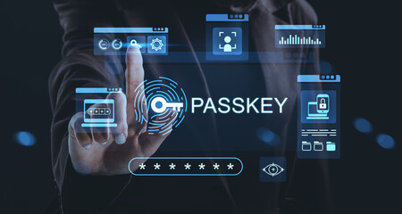 Futuristic passkey access concept with holographic security interface and biometric verification icons on dark tech background.