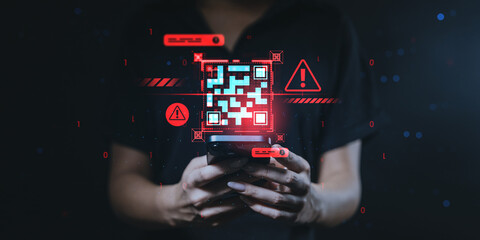 Person scanning suspicious QR code with smartphone, surrounded by red warning icons indicating virus or fake content threat concept digitally illustrated.