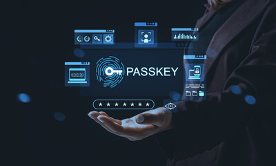 Futuristic passkey security system concept shown as hologram interface above open human hand in cyber environment background in glowing blue tone.