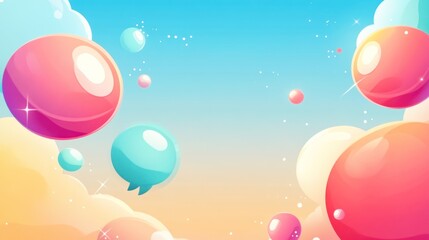 Pastel colored, cartoonish bubbles floating in a light blue sky with soft clouds.