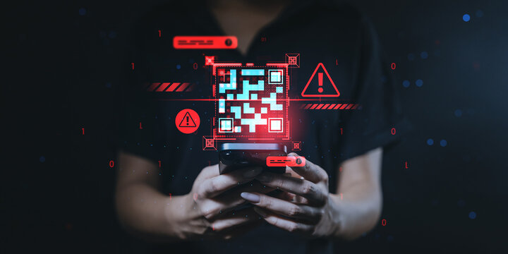 Person scanning suspicious QR code with smartphone, surrounded by red warning icons indicating virus or fake content threat concept digitally illustrated. - Powered by Adobe