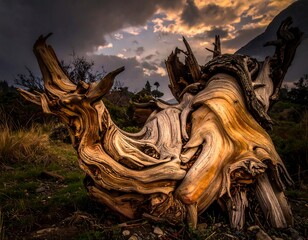 Twisted, gnarled wood trunk under a dramatic, cloudy sky