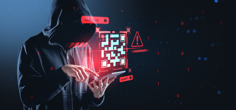Hacker using tablet to generate fake QR code virus alert with cy - Powered by Adobe