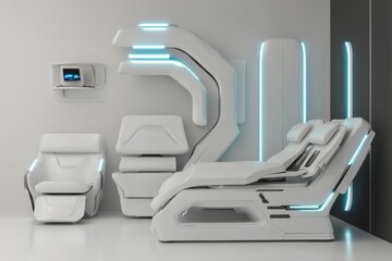 Futuristic medical treatment room with advanced technology and sleek design features