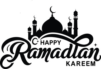 Happy Ramadan Kareem Calligraphy Vector artwork with mosque silhouette .