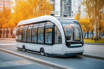 Fototapeta premium Modern electric tram on city street surrounded by autumn foliage in golden light