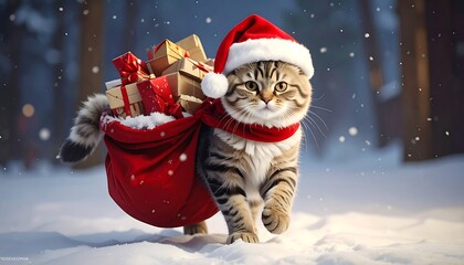An adorable tabby cat with a Santa hat and scarf carries a sack filled with wrapped gifts in a snowy forest scene. Focus is on the festive feline