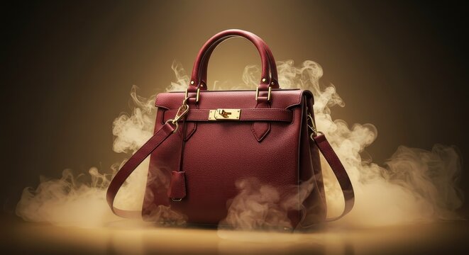 Elegant red handbag with gold details and atmospheric effect on dark background