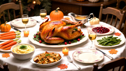 Traditional Thanksgiving Dinner Table with Roasted Turkey and Festive Sides