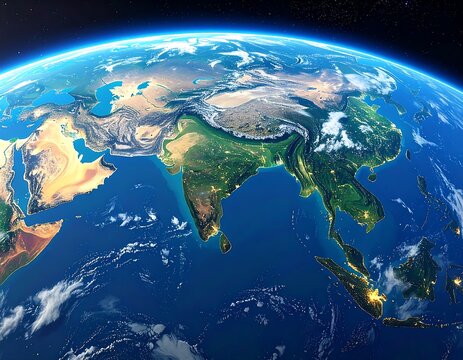 Detailed view of Asia from space, showing lights at night