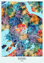 Fototapeta premium Suzhou China City Map. Watercolor city, watercolor paint, modern city, urban city, hand paint, travel city, travel destination, city background, city banner, city colorful paint