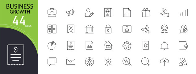 Business growth related icons set including profit, success, chart, graph, target, goal, investment, and achievement. Editable stroke and modern outline icons perfect for corporate and  finance.