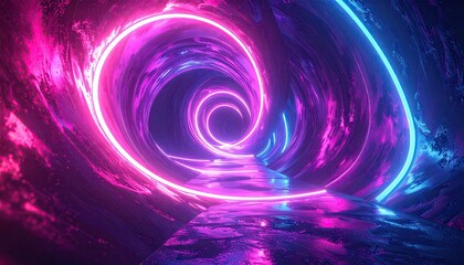 Glowing neon lights illuminate a swirling tunnel, reflecting on a wet surface, creating an abstract and vibrant perspective.