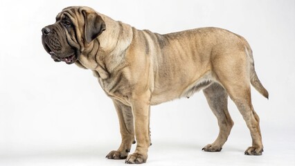 Obraz premium Mastiff dog with massive muscular body, loose wrinkled skin, and calm expression, standing on a clean white studio background, realistic large breed dog portrait, sharp focus, professional lighting