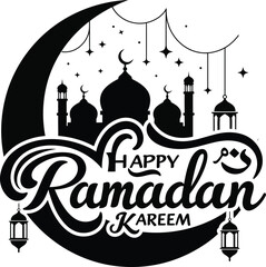 Happy Ramadan Kareem Greeting with Crescent Moon, Mosque, and Lanterns .