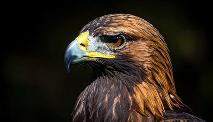 Obraz premium Close-up of a majestic bird of prey, its keen eye focused, showcasing detailed plumage and sharp beak. Golden feathers gleam