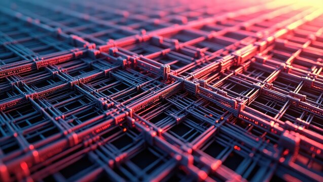 Detailed, abstract visualization showcasing interconnected lines in a complex lattice structure, illuminated with vibrant red and blue lighting, creating a sense of depth and futuristic design. - Powered by Adobe