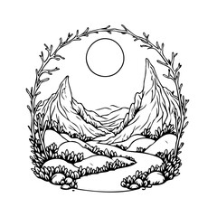 A serene landscape unveiling towering peaks and a winding pathway embraced by nature's gentle