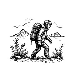 A solitary hiker with a large backpack traversing a mountainous terrain in monochrome art style