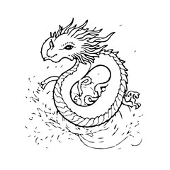 An artistic black and white line drawing of a coiled asian dragon illustration with swirling