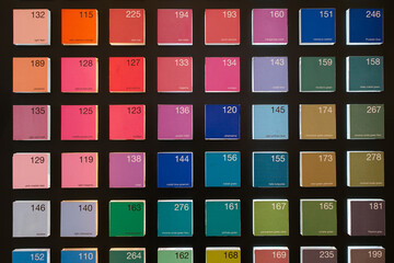 Color swatch display with neatly arranged square tiles showing various shades, each labeled with its name and number on a black background.