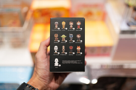 KUALA LUMPUR, MALAYSIA - AUG 16, 2025: Back view of a Pop Mart Star Wars bobblehead toy box showing the full character lineup