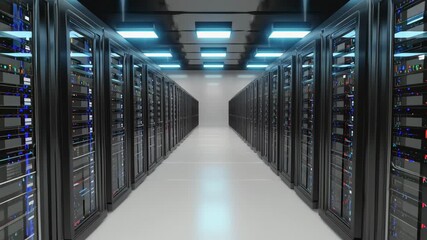 Dynamic server room with rows of glowing computers and futuristic blue ceiling lights, representing data processing and technology infrastructure - Powered by Adobe