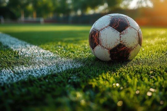 A close-up of a soccer ball resting on the edge of a lush green field during sunset