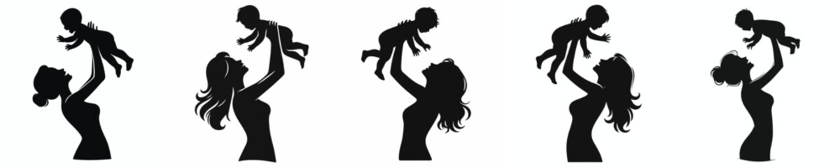 vector silhouette of a happy mother lifting her baby up